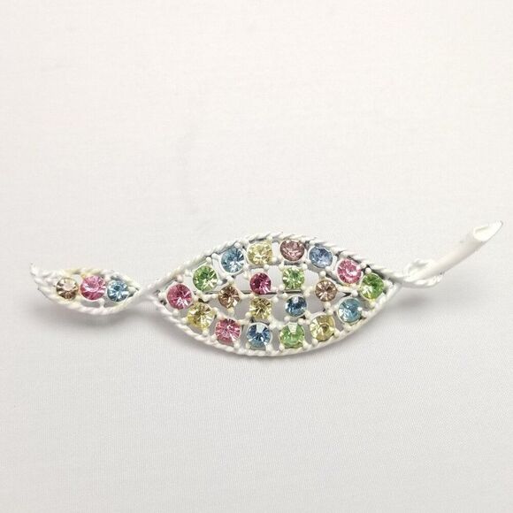 Vintage Pastel Multi Color Rhinestone Leaf Shape Brooch, White Enamel Setting - Picture 5 of 6